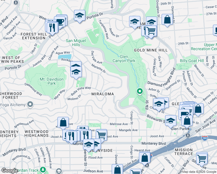 map of restaurants, bars, coffee shops, grocery stores, and more near 35 El Sereno Court in San Francisco