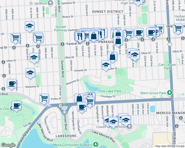 map of restaurants, bars, coffee shops, grocery stores, and more near 2609 31st Avenue in San Francisco