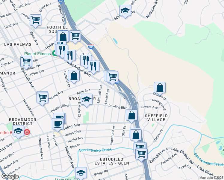 map of restaurants, bars, coffee shops, grocery stores, and more near 653 MacArthur Boulevard in San Leandro