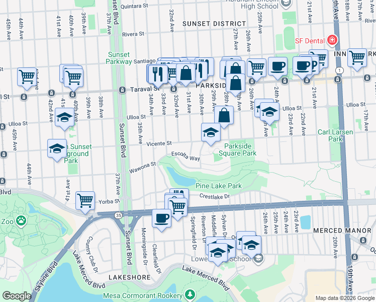 map of restaurants, bars, coffee shops, grocery stores, and more near 2609 31st Avenue in San Francisco