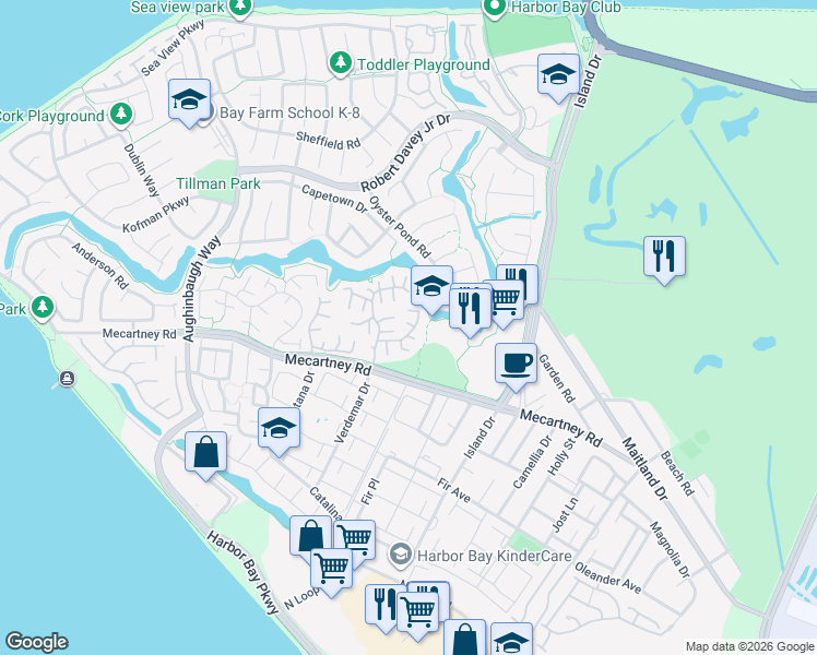 map of restaurants, bars, coffee shops, grocery stores, and more near 613 Ironwood Road in Alameda