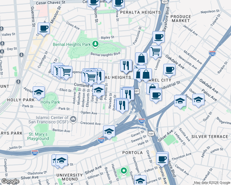 map of restaurants, bars, coffee shops, grocery stores, and more near Jarboe Avenue & Putnam Street in San Francisco