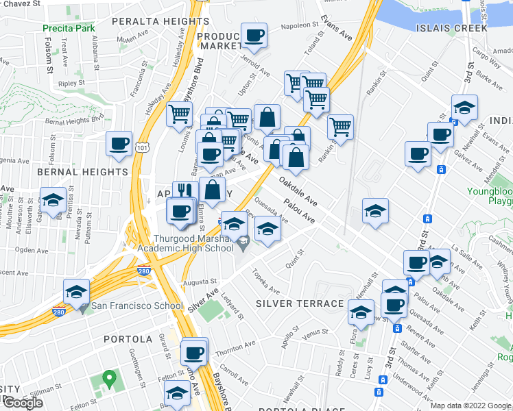 map of restaurants, bars, coffee shops, grocery stores, and more near 2175 Quesada Avenue in San Francisco