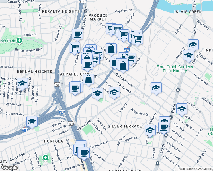 map of restaurants, bars, coffee shops, grocery stores, and more near 2175 Quesada Avenue in San Francisco