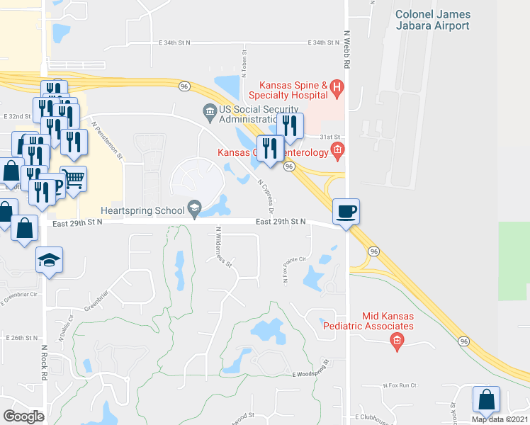 map of restaurants, bars, coffee shops, grocery stores, and more near 9100 East 29th Street North in Wichita