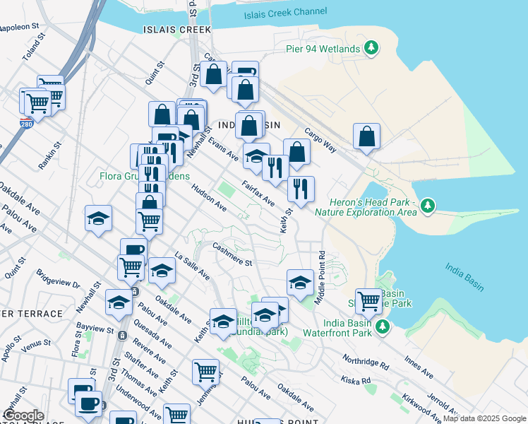 map of restaurants, bars, coffee shops, grocery stores, and more near 1275 Fairfax Avenue in San Francisco