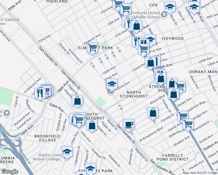 map of restaurants, bars, coffee shops, grocery stores, and more near 1020 102nd Avenue in Oakland