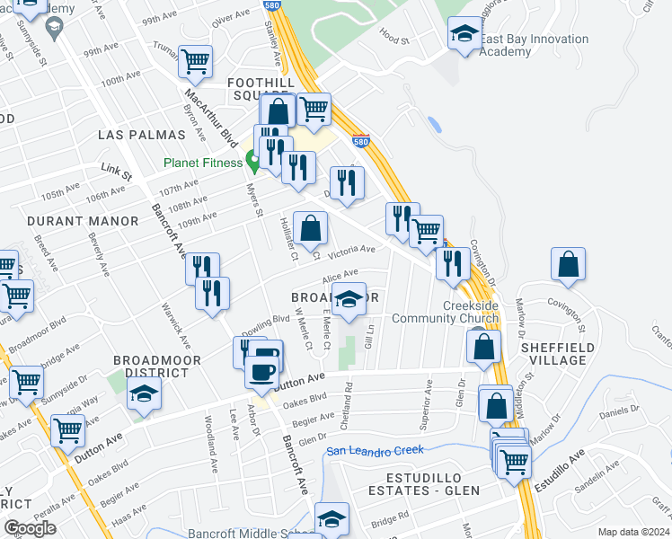map of restaurants, bars, coffee shops, grocery stores, and more near 921 Victoria Avenue in San Leandro