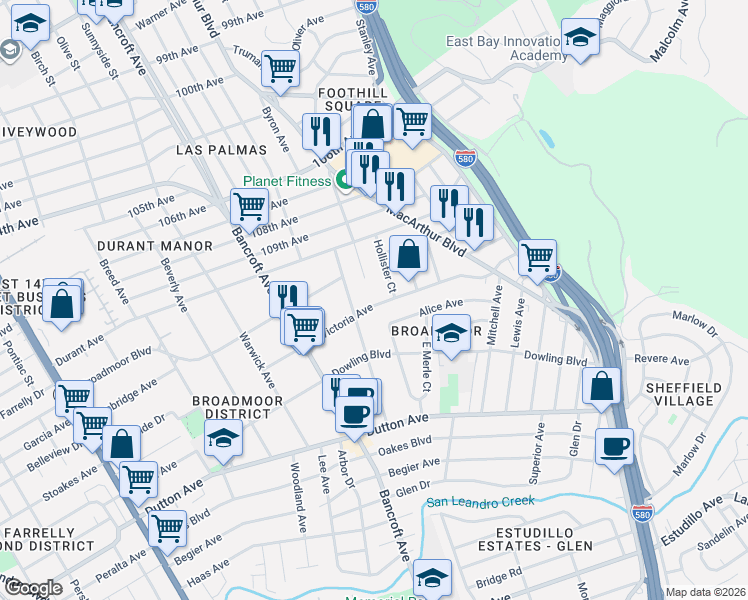 map of restaurants, bars, coffee shops, grocery stores, and more near 346 Kenilworth Avenue in San Leandro