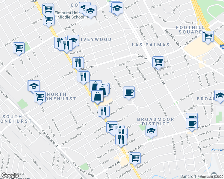 map of restaurants, bars, coffee shops, grocery stores, and more near 1579 Chandler Street in Oakland