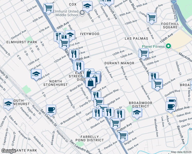 map of restaurants, bars, coffee shops, grocery stores, and more near 1579 Chandler Street in Oakland