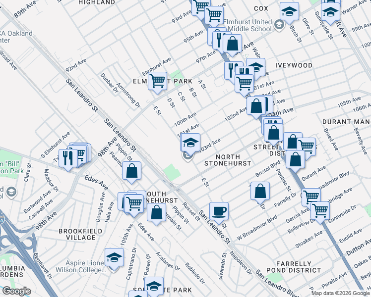 map of restaurants, bars, coffee shops, grocery stores, and more near 1020 102nd Avenue in Oakland