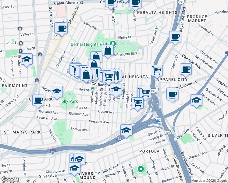 map of restaurants, bars, coffee shops, grocery stores, and more near in San Francisco