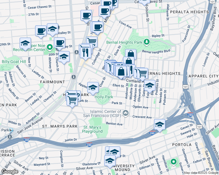 map of restaurants, bars, coffee shops, grocery stores, and more near 55 Holly Park Circle in San Francisco