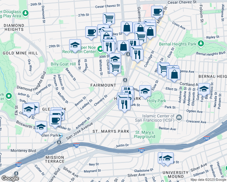 map of restaurants, bars, coffee shops, grocery stores, and more near 144 Arlington Street in San Francisco