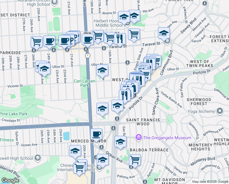 map of restaurants, bars, coffee shops, grocery stores, and more near 2650 16th Avenue in San Francisco
