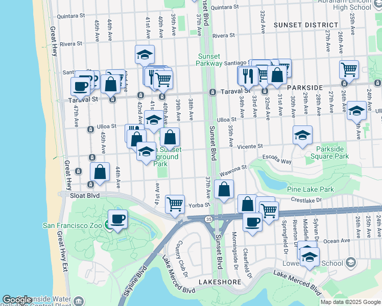 map of restaurants, bars, coffee shops, grocery stores, and more near 2599 38th Avenue in San Francisco
