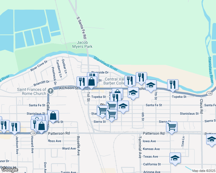 map of restaurants, bars, coffee shops, grocery stores, and more near 3 3rd W Of Street in Riverbank