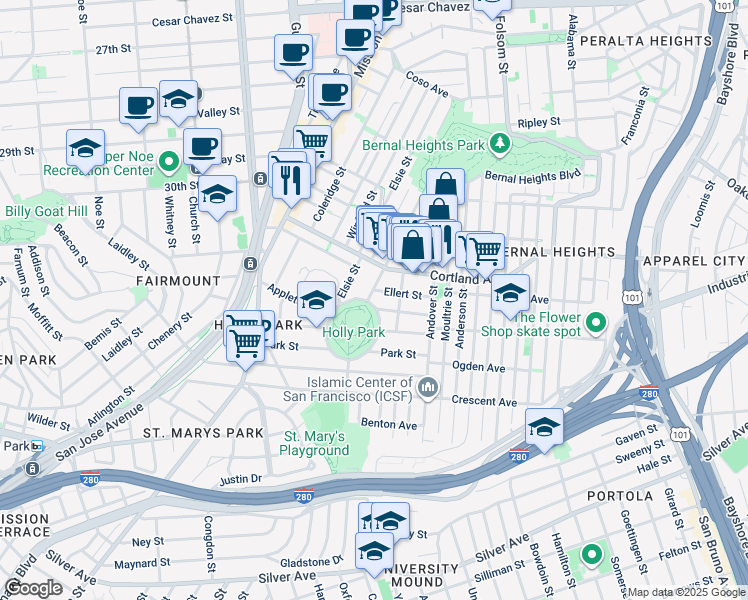 map of restaurants, bars, coffee shops, grocery stores, and more near 55 Holly Park Circle in San Francisco