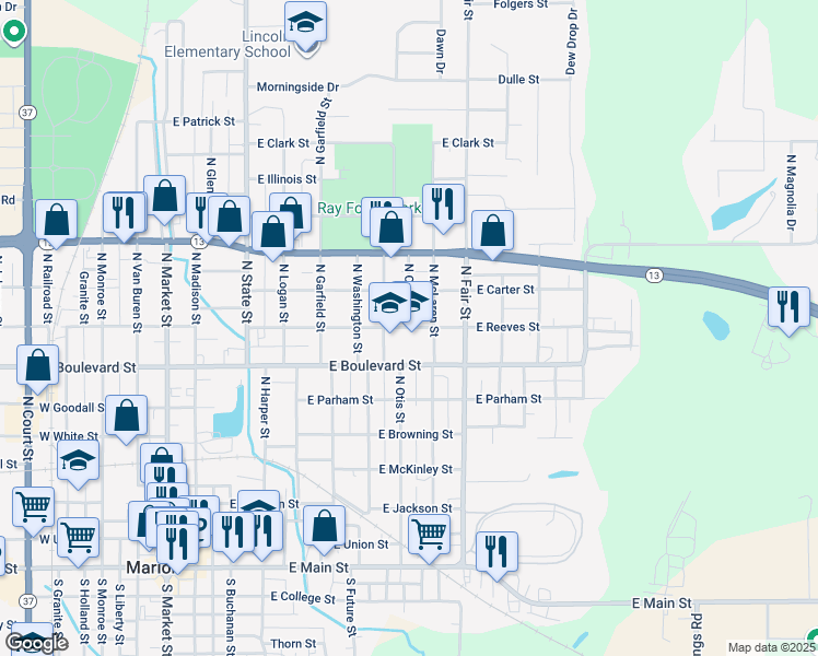 map of restaurants, bars, coffee shops, grocery stores, and more near 801 East Reeves Street in Marion