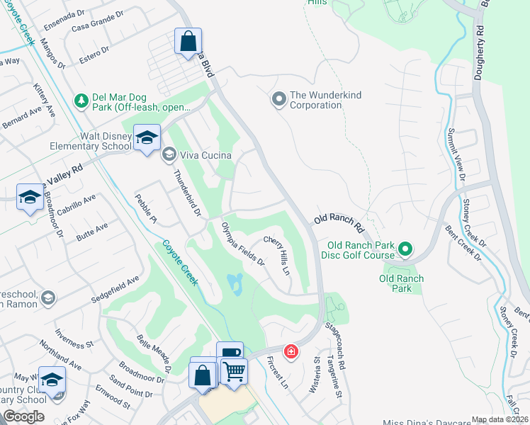 map of restaurants, bars, coffee shops, grocery stores, and more near 9513 Thunderbird Drive in San Ramon