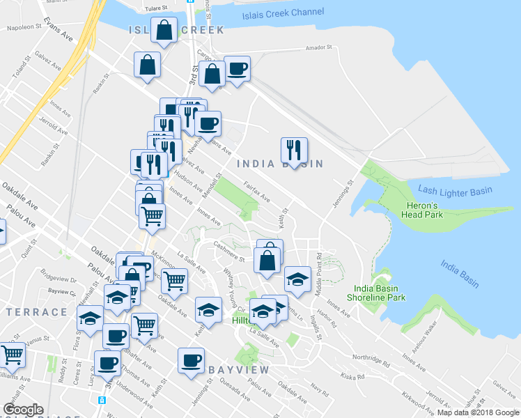 map of restaurants, bars, coffee shops, grocery stores, and more near 51 Bowman Court in San Francisco