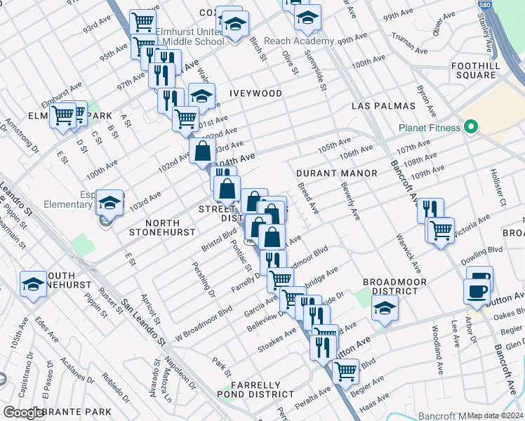 map of restaurants, bars, coffee shops, grocery stores, and more near 1502 Tucker Street in Oakland