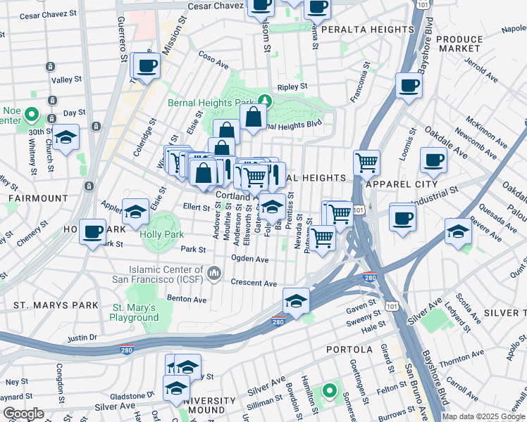 map of restaurants, bars, coffee shops, grocery stores, and more near 414 Jarboe Avenue in San Francisco