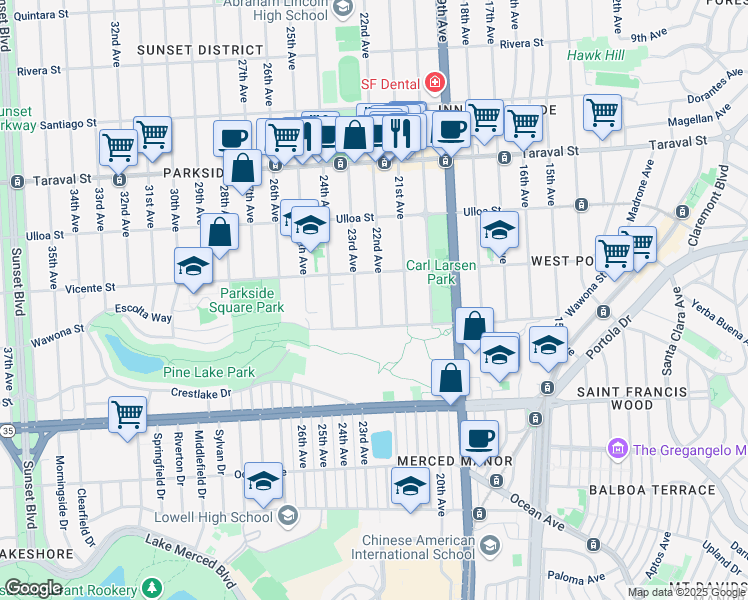 map of restaurants, bars, coffee shops, grocery stores, and more near 2630 23rd Avenue in San Francisco