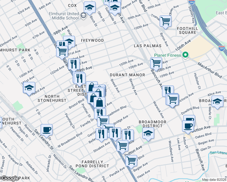 map of restaurants, bars, coffee shops, grocery stores, and more near 10862 Peerless Court in Oakland