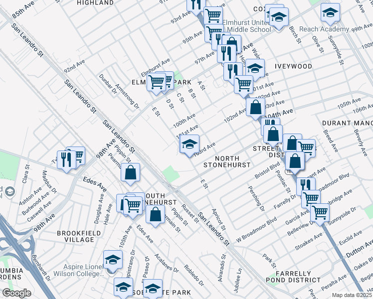 map of restaurants, bars, coffee shops, grocery stores, and more near 1000 102nd Avenue in Oakland