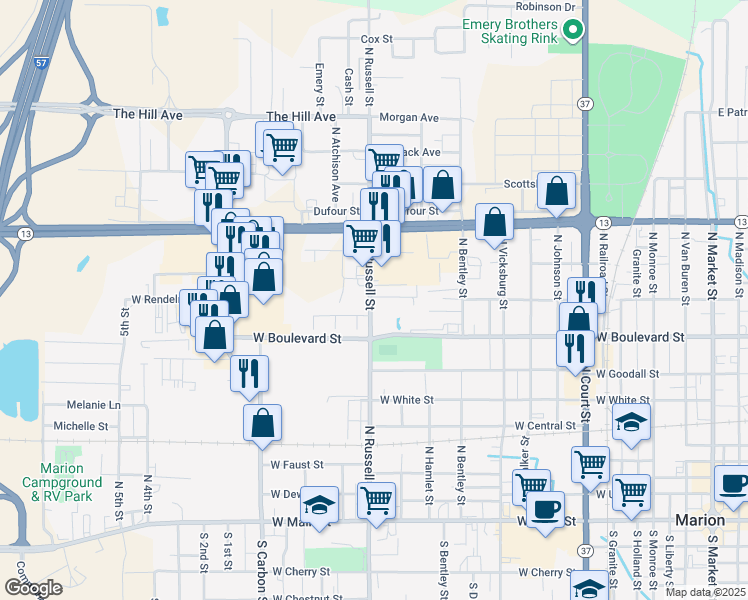 map of restaurants, bars, coffee shops, grocery stores, and more near 1401 Shawnee Village Street in Marion