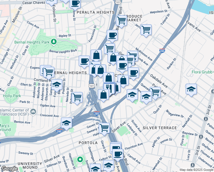 map of restaurants, bars, coffee shops, grocery stores, and more near 2 Boutwell Street in San Francisco