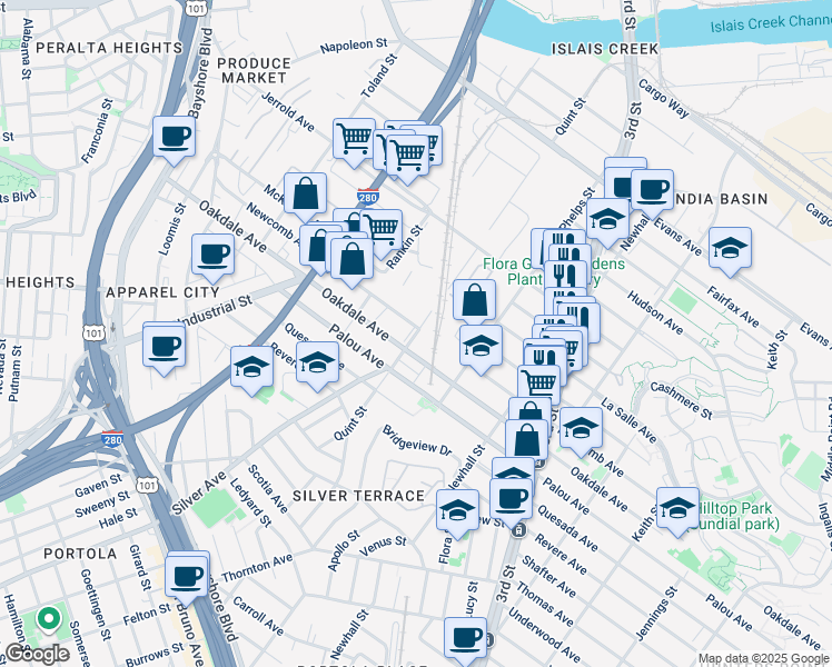 map of restaurants, bars, coffee shops, grocery stores, and more near Quint Street in San Francisco