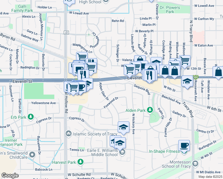 map of restaurants, bars, coffee shops, grocery stores, and more near 1025 Peacock Court in Tracy