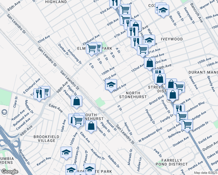 map of restaurants, bars, coffee shops, grocery stores, and more near 1000 102nd Avenue in Oakland