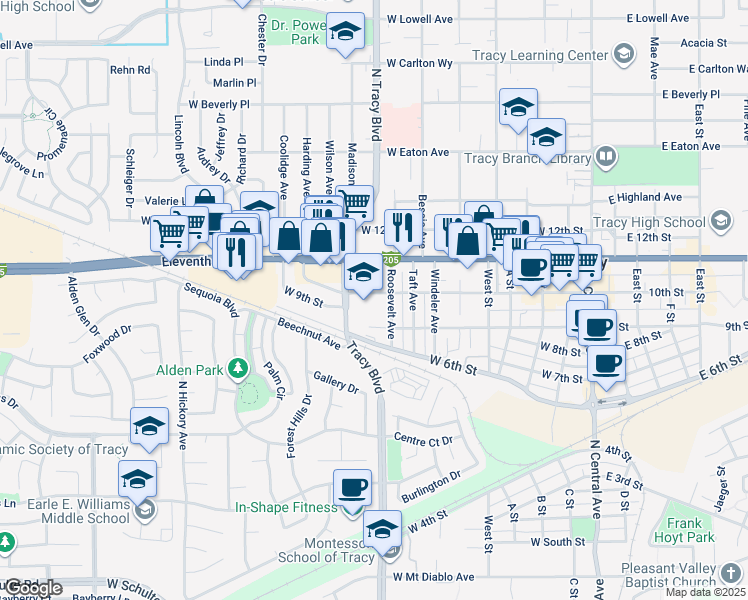 map of restaurants, bars, coffee shops, grocery stores, and more near 650 West 10th Street in Tracy