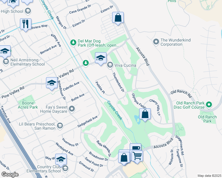 map of restaurants, bars, coffee shops, grocery stores, and more near 109 Pebble Place in San Ramon