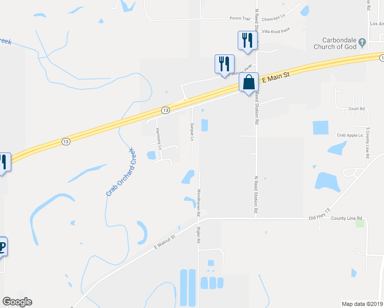 map of restaurants, bars, coffee shops, grocery stores, and more near 13 Sanpat Lane in Carbondale