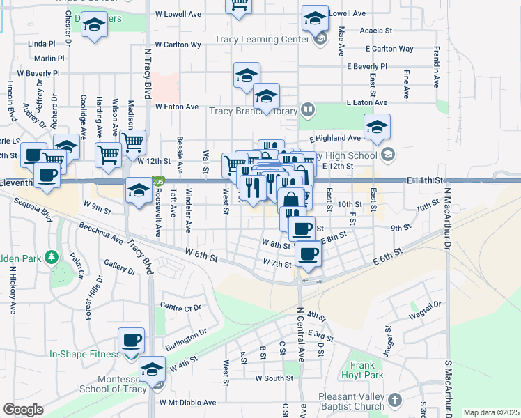 map of restaurants, bars, coffee shops, grocery stores, and more near 69 West 10th Street in Tracy