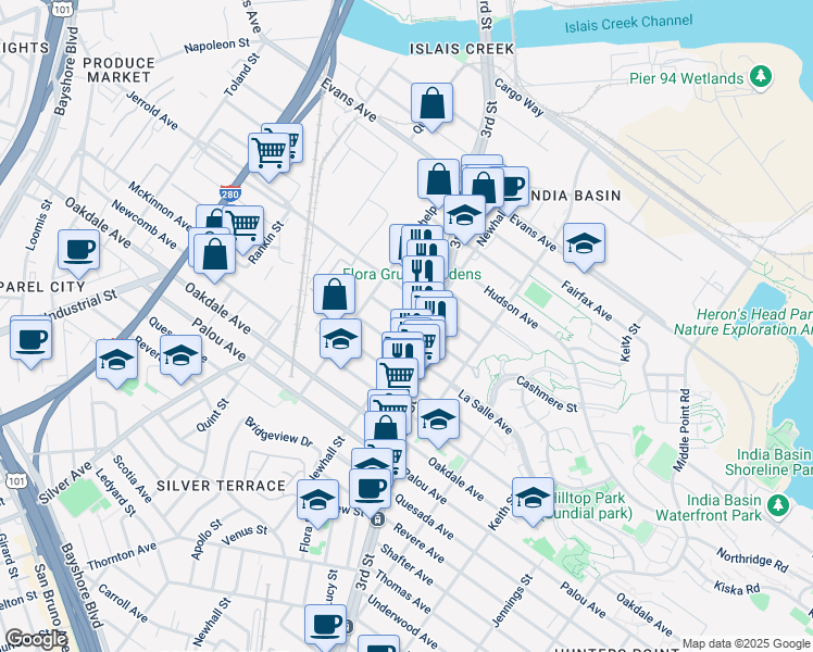 map of restaurants, bars, coffee shops, grocery stores, and more near 1617 Kirkwood Avenue in San Francisco