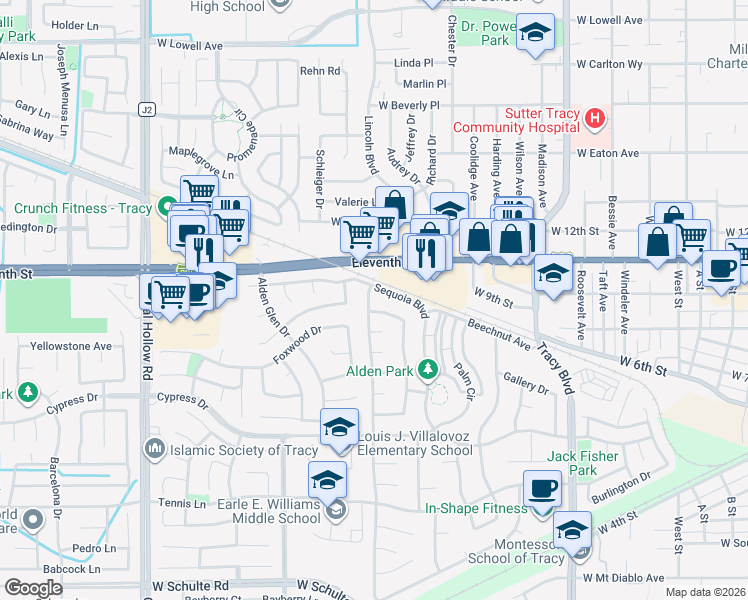 map of restaurants, bars, coffee shops, grocery stores, and more near 1462 Sequoia Boulevard in Tracy