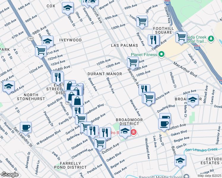 map of restaurants, bars, coffee shops, grocery stores, and more near 2001 Durant Avenue in Oakland