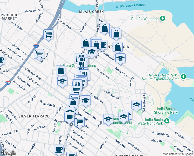 map of restaurants, bars, coffee shops, grocery stores, and more near 1535 Innes Avenue in San Francisco