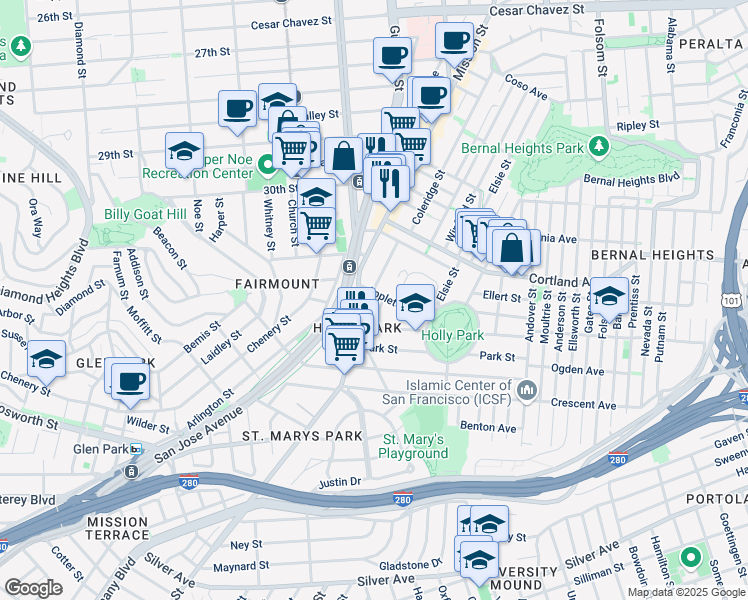 map of restaurants, bars, coffee shops, grocery stores, and more near 3620 Mission Street in San Francisco