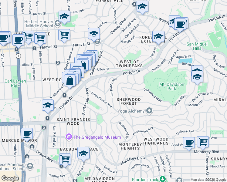 map of restaurants, bars, coffee shops, grocery stores, and more near 89 Miraloma Drive in San Francisco