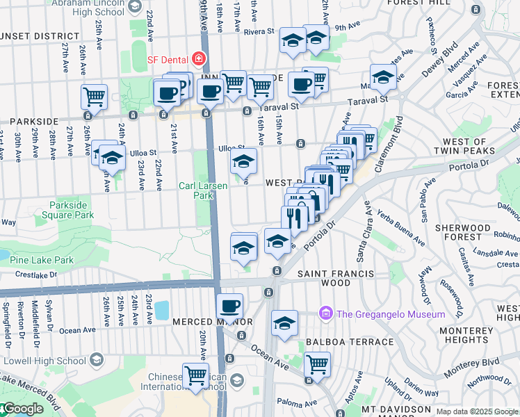 map of restaurants, bars, coffee shops, grocery stores, and more near 2650 16th Avenue in San Francisco