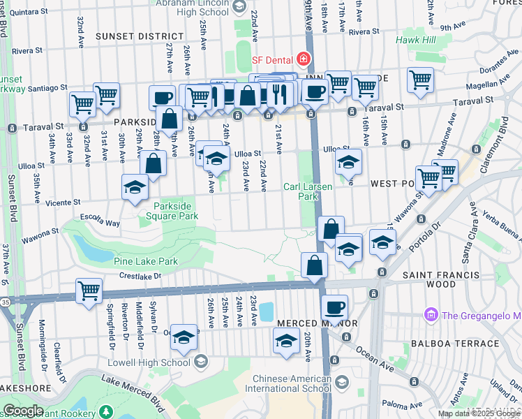 map of restaurants, bars, coffee shops, grocery stores, and more near 2630 23rd Avenue in San Francisco