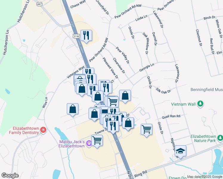 map of restaurants, bars, coffee shops, grocery stores, and more near Wippletree Court in Elizabethtown