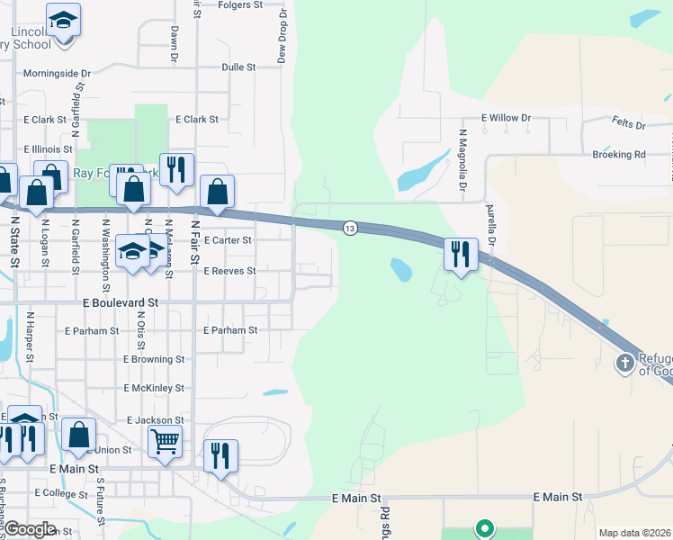 map of restaurants, bars, coffee shops, grocery stores, and more near 909 Independance Avenue in Marion